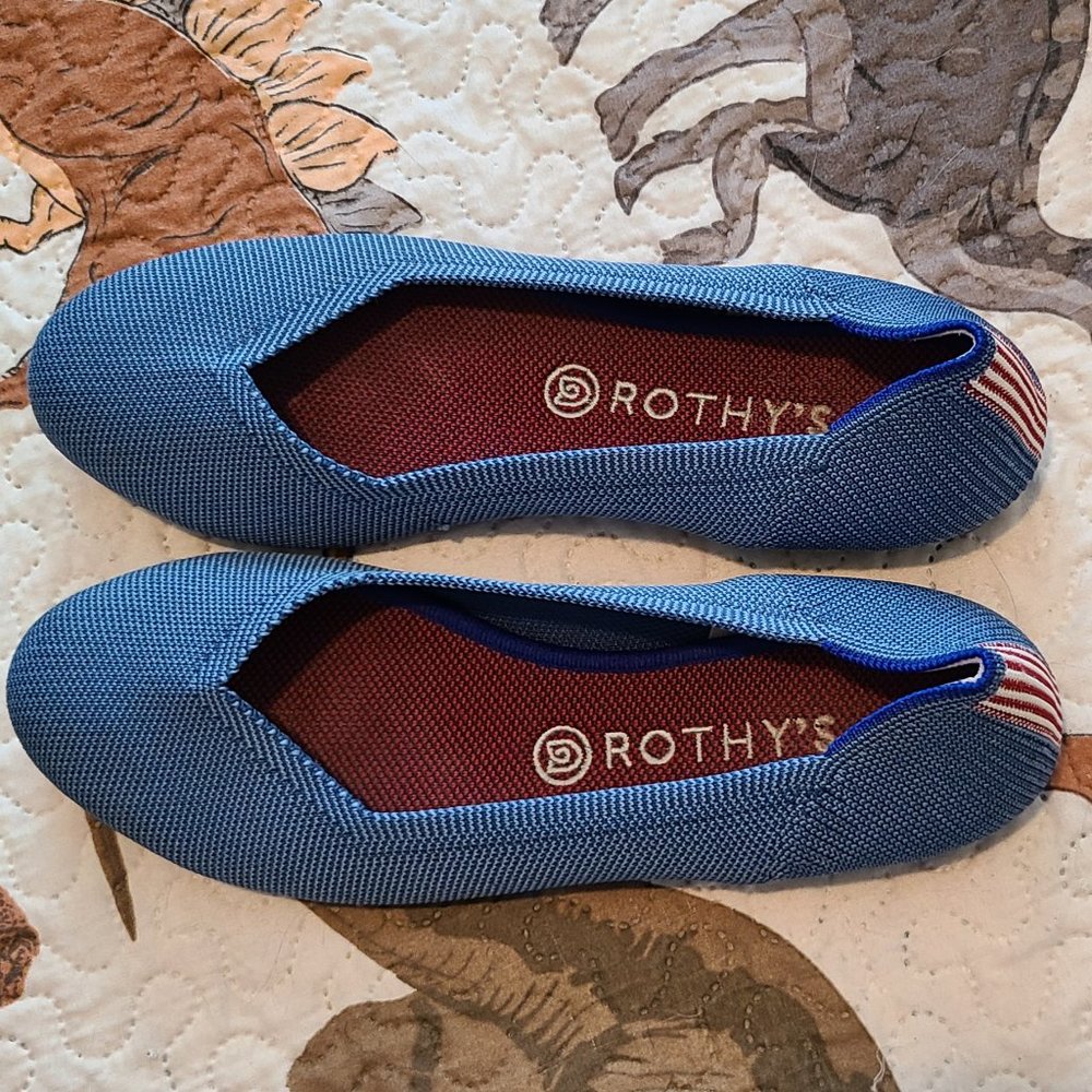Rothy's 'The Flat' Size 9 1/2 Blue with Red/White Stripped Heel Flats